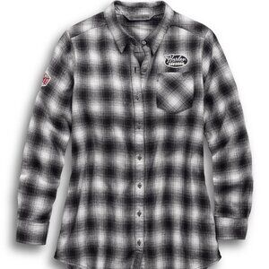 NWT Harley-Davidson Women M Crackle Print Graphic Plaid Shirt Black 99112-19VW